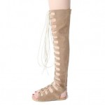 Khaki Suede Hollow Out Gladiator Long Knee Thigh Boots Sandals Flats Shoes