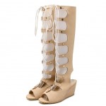 Khaki Suede Hollow Out Gladiator Boots Sandals Flats Wedges Shoes