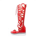Red Butterfly Hollow Out Lace Up Wedges Gladiator Sandals Shoes