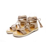 Khaki Suede Lace Up Strappy Flats Gladiator Sandals Knitted Sole Shoes
