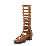 Brown Thin Strappy Straps Cleated Sole Gladiator Boots Mid Heels Sandals Shoes