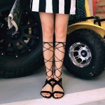 Black Suede Lace Up Strappy Flats Gladiator Sandals Shoes