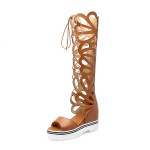 Brown Butterfly Hollow Out Lace Up Wedges Gladiator Sandals Shoes