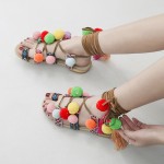 Brown Rainbow Colorful Poms Bohemian Lace Up Strappy Flats Gladiator Sandals Shoes