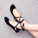 Black Suede Ankle Lace Up Strappy Ballets Ballerina Flats Shoes