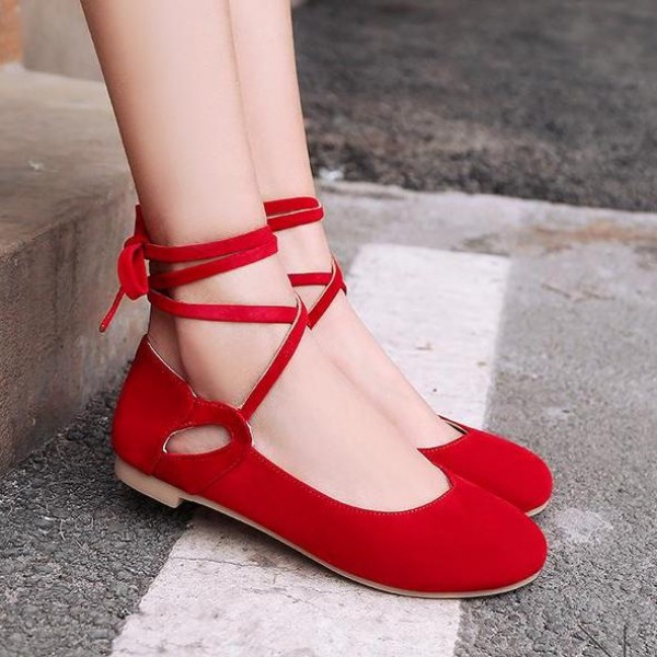 Red Suede Ankle Lace Up Strappy Ballets Ballerina Flats Shoes