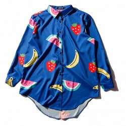 Blue Colorful Fruits Long Sleeves Chiffon Blouse Oversized Boy Friend Shirt