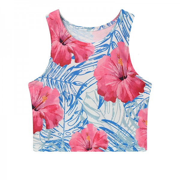 Blue Pink Giant Hibiscus Cropped Sleeveless T Shirt Cami Tank Top