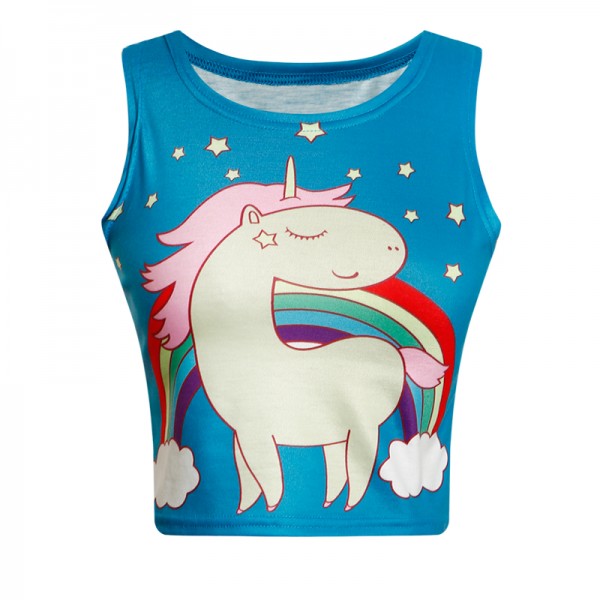 Blue Rainbow Unicorn Cropped Sleeveless T Shirt Cami Tank Top