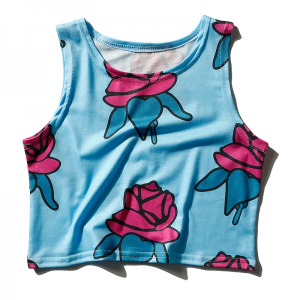 Blue Red Roses Cropped Sleeveless T Shirt Cami Tank Top