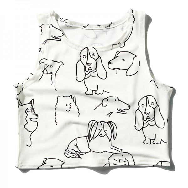 White Dogs Drawn Lines Cropped Sleeveless T Shirt Cami Tank Top