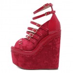 Red Velvet Peep Toe Strappy Lolita Platforms Wedges Sandals Shoes
