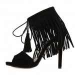 Black Suede Bohemian Fringes Tassels Ankle High Stiletto Heels Pump Sandals Shoes
