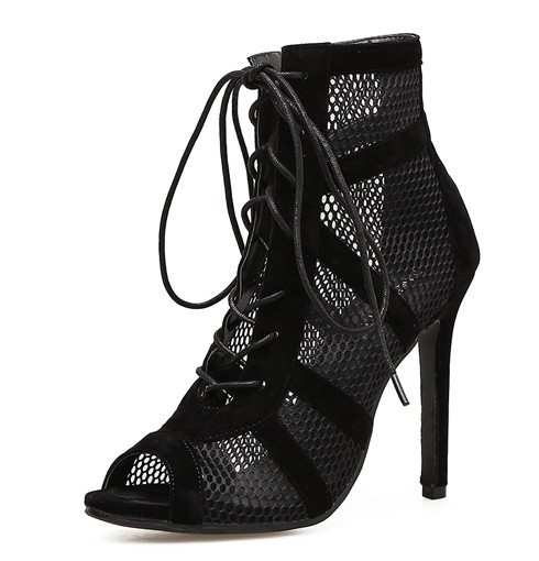 Black Suede Sheer Lace Up Boots Gladiator High Stiletto Heels Sandals Shoes