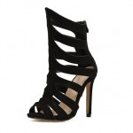 Black Suede Velvet Strappy Straps Hollow Out Gladiator High Stiletto Heels Sandals Shoes