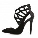 Black Suede Ankle Hollow Out Pointed Head Stiletto High Heels Shoes
