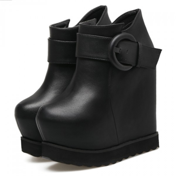 Black Giant Buckle Platforms Wedges Ankle Boots Shoes