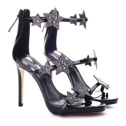 Black Patent Glitter Stars Strappy High Stiletto Heels Sandals Shoes