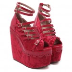 Red Velvet Peep Toe Strappy Lolita Platforms Wedges Sandals Shoes