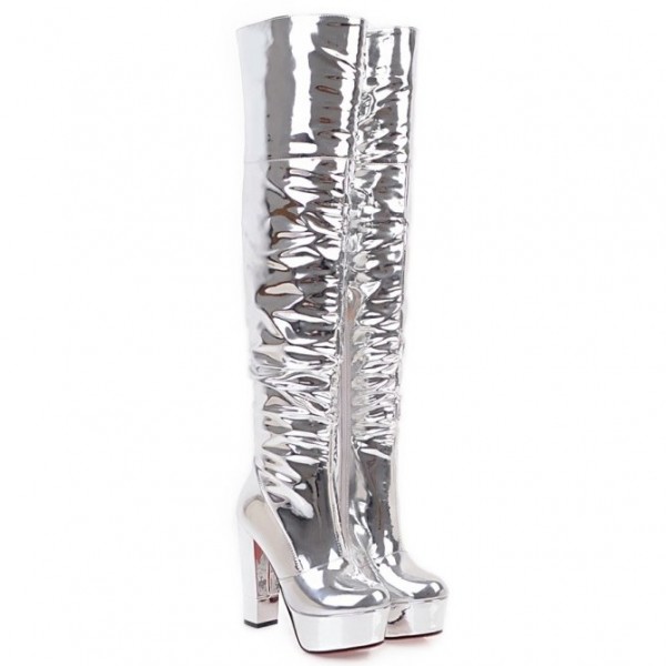 Silver Metallic Mirror Shiny Platforms Block Heels Long Thigh Knee Boots Shoes
