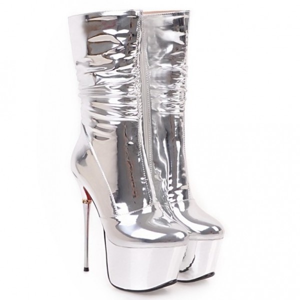 Silver Metallic Mirror Shiny Platforms Stiletto High Heels Long Boots Shoes