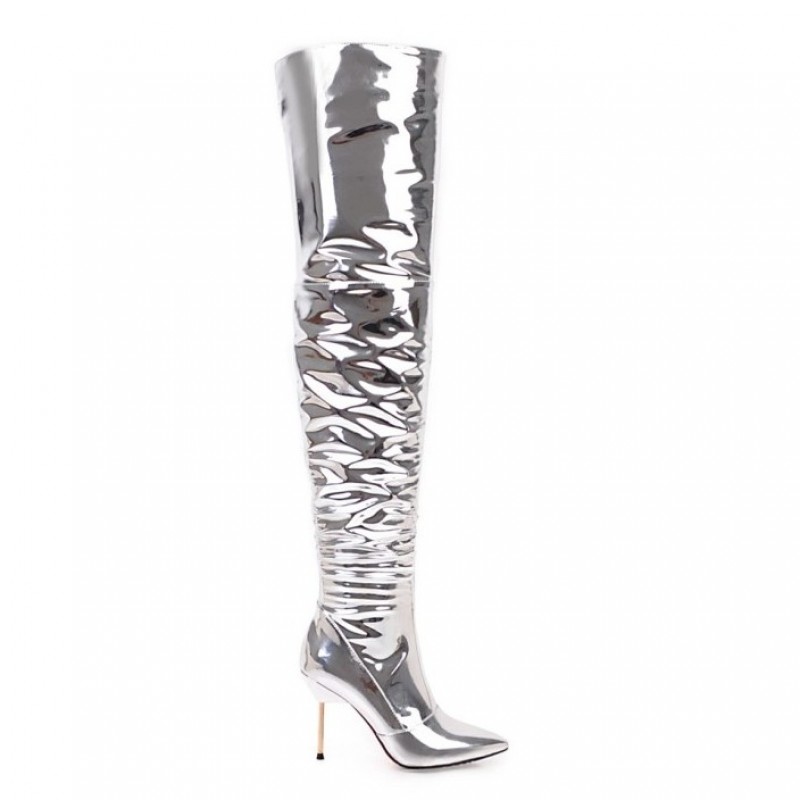 Silver Metallic Mirror Shiny Platforms Stiletto High Heels Long Thigh ...