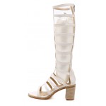 Cream Thin Strappy Straps Gladiator Boots Mid Heels Sandals Shoes