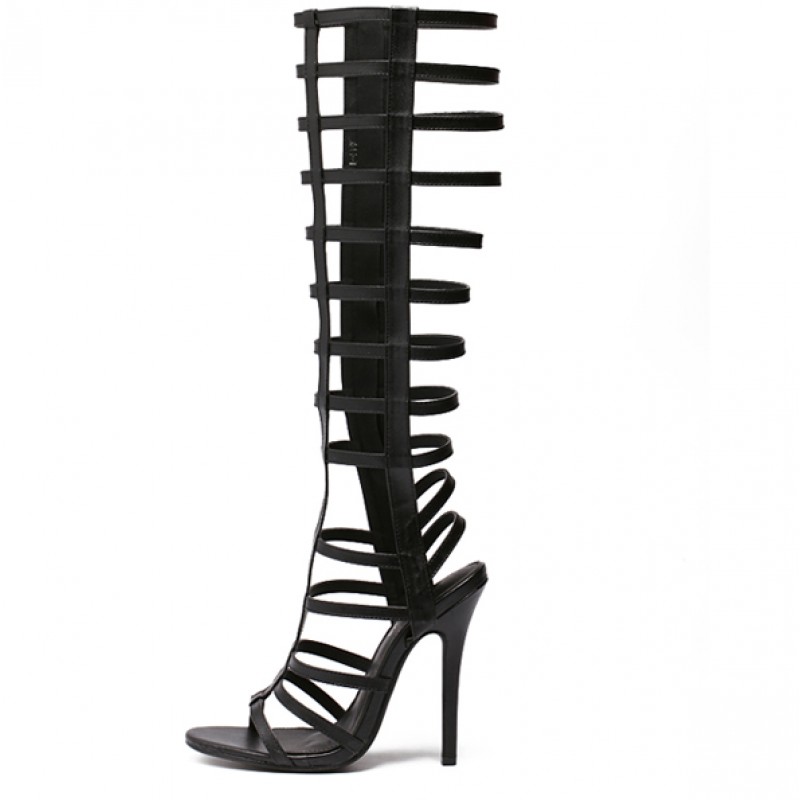 Black Thin Strappy Straps Gladiator Boots Stiletto High Heels Sandals Shoes