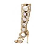 Gold Metallic Round Circle Hollow Out Gladiator Boots High Stiletto Heels Sandals Shoes