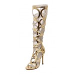 Gold Metallic Round Circle Hollow Out Gladiator Boots High Stiletto Heels Sandals Shoes