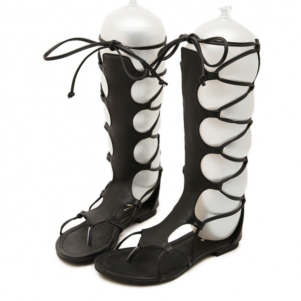 Black Hollow Out Gladiator Boots Sandals Flats Shoes