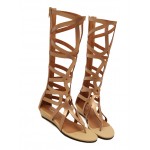 Gold Hollow Out Gladiator Boots Sandals Flats Wedges Shoes