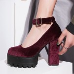 Burgundy Velvet Chunky Platforms Cleated Sole Mary Jane Block High Heels Shoes