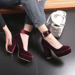 Burgundy Velvet Chunky Platforms Sole Mary Jane Block High Heels Shoes