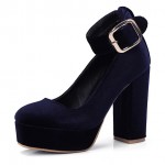 Blue Navy Velvet Chunky Platforms Sole Mary Jane Block High Heels Shoes