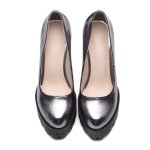 Silver Grey Metallic Chunky Cleated Black Platforms Sole Block High Heels Shoes