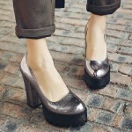 Silver Grey Metallic Chunky Cleated Black Platforms Sole Block High Heels Shoes