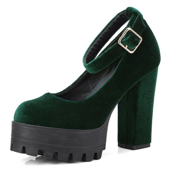 Green Velvet Chunky Platforms Cleated Sole Mary Jane Block High Heels Shoes