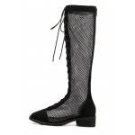 Black Meshed Sheer Long Knee Lace Up Combat Boots Shoes