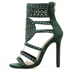 Green Suede Diamante Hollow Out Sexy Stiletto High Heels Sandals Shoes