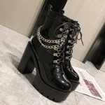Black Patent Chain Platforms Punk Rock Chunky Block High Heels Boots Shoes