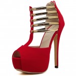 Red Suede Metal Stripes Platforms T Strap Stiletto High Heels Sandals