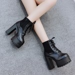 Black Lace Up Cleated Sole Block High Heels Platforms Boots Shoes