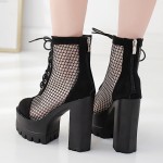 Black Sheer Fish Net Lace Up Platforms Punk Rock Chunky Heels Boots Shoes