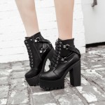 Black Cross Punk Rock Chunky Sole Block High Heels Platforms Boots Shoes