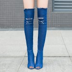 Blue Denim Jeans Peep Toe Stretchy Ripped Knee Stiletto High Heels Long Boots Shoes