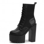 Black Lace Up Knit Chunky Cleated Sole Block High Heels Platforms Boots Shoes