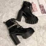Black Patent Chain Platforms Punk Rock Chunky Block High Heels Boots Shoes