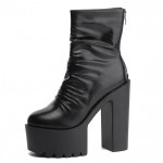 Black Plain Punk Rock Chunky Sole Block High Heels Platforms Boots Shoes