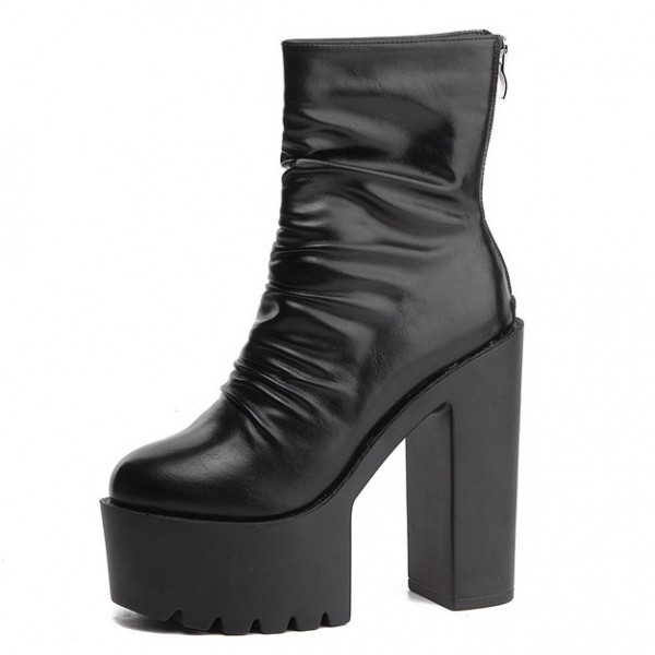 Black Plain Punk Rock Chunky Sole Block High Heels Platforms Boots Shoes